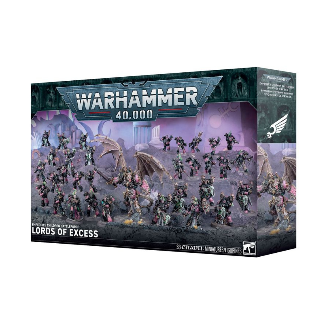 The Emperor's Children Battleforce: Lords of Excess box art showcasing a purple and gold army of Chaos Space Marines, Noise Marines, and a Chaos Lord.