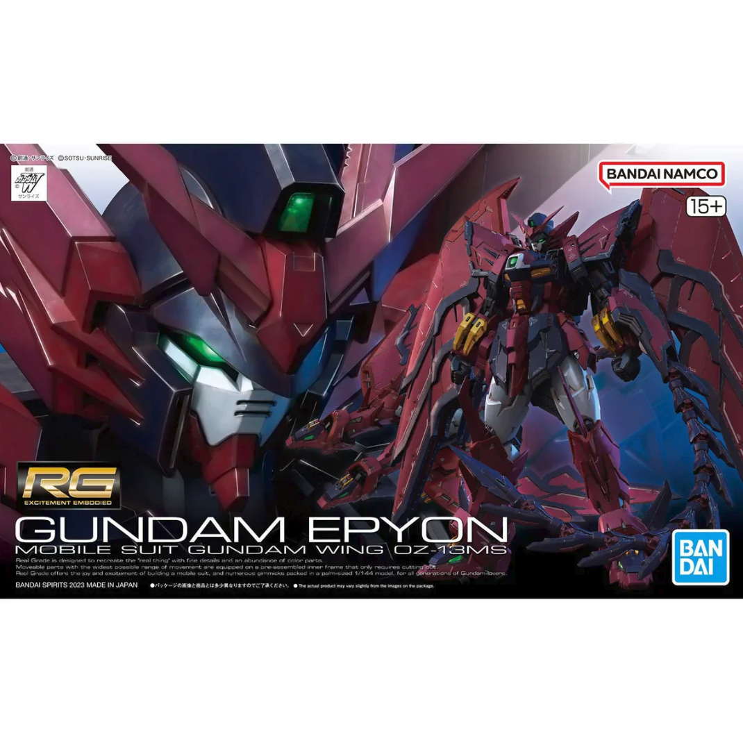 Official box art packaging for the RG 1/144 Gundam Epyon model kit showcasing the crimson mecha wielding its giant green beam sword.