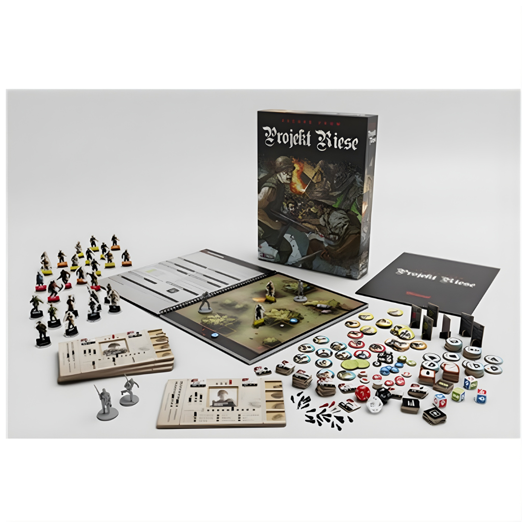 Box art for the Escape from Projekt Riese CORE Box Set, depicting an Allied soldier exploring dark, subterranean tunnels where supernatural horrors related to a secret WWII Nazi project lurk.