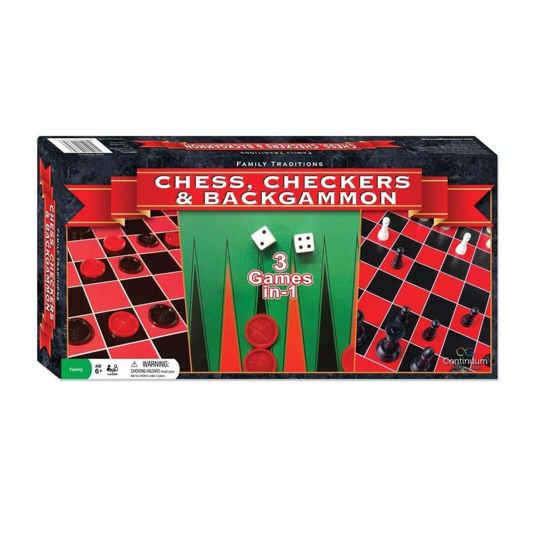 The Family Traditions 3-in-1 game box showing the foldable wooden board and the chess, checkers, and backgammon pieces.
