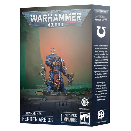 Ultramarines Ferren Areios miniature – Space Marine Captain in Mk X Tacticus armour with thunder hammer