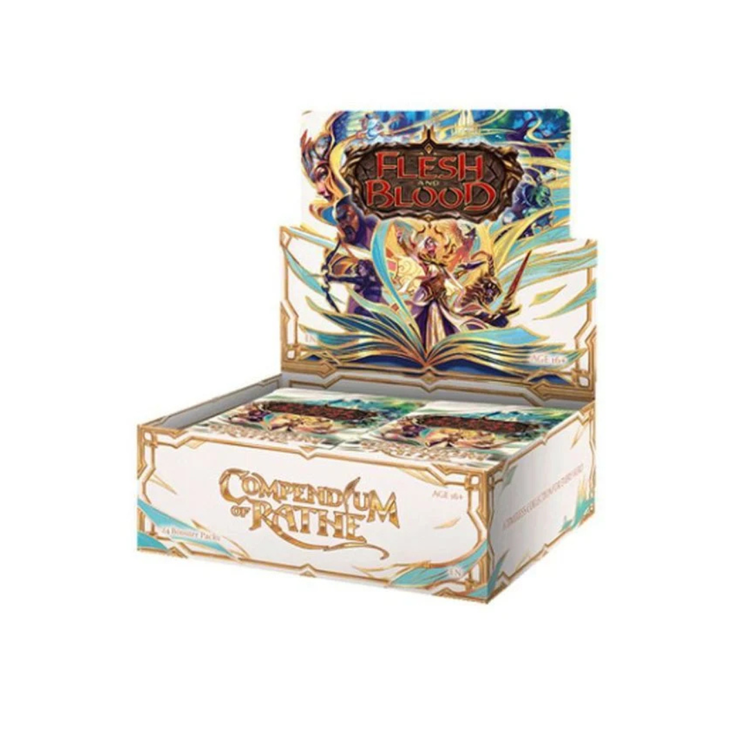 The Flesh and Blood Compendium of Rathe Booster Box display featuring the "PEN" set logo and ornate, book-like packaging design.