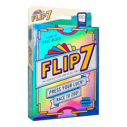 The box art for the Flip 7 Card Game (Hangsell Edition), a fast-paced family card game for 2 to 6 players, showing colorful cards and game branding.