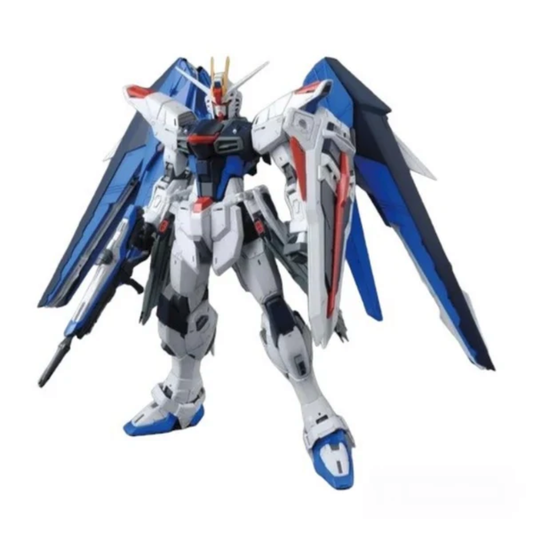 Bandai MG 1/100 Freedom Gundam Ver 2.0 model kit showing the mobile suit with its wings fully extended.