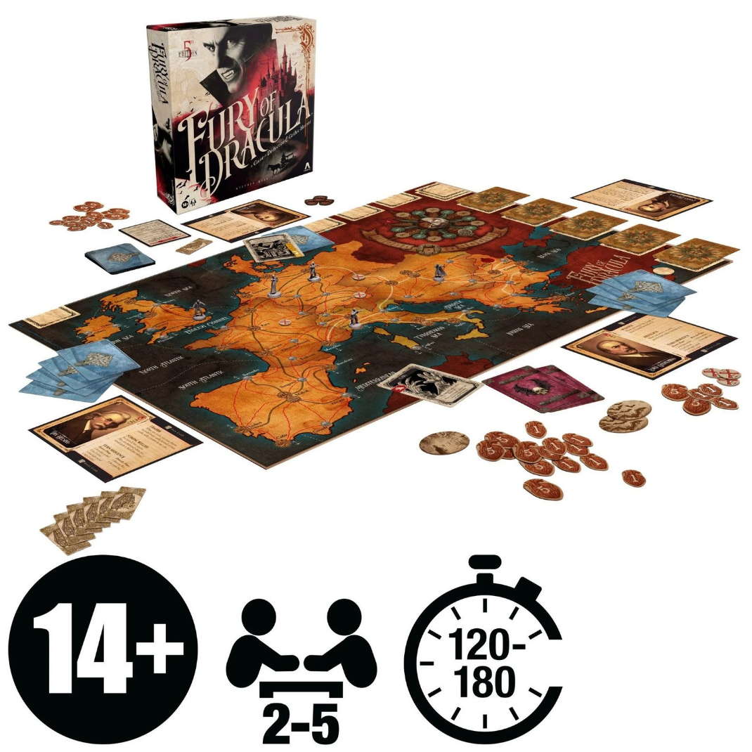 Fury of Dracula 5th Edition box cover art – gothic horror hidden-movement deduction board game for 2–5 players
