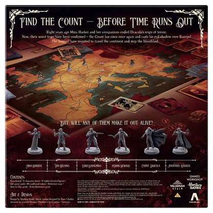 Back of the Fury of Dracula Fifth Edition box showing gameplay, components and player info (2–5 players, ages 14+)