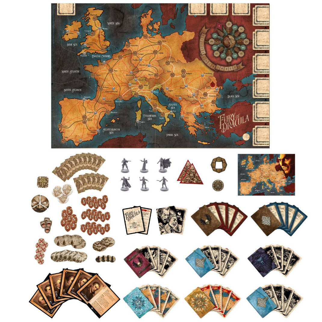 Fury of Dracula Fifth Edition contents – game board map of Europe, 6 hunter and Dracula figures, cards and tokens