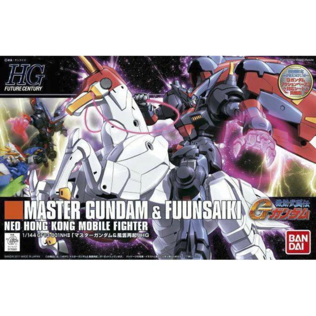 Official box art packaging for the HGFC 1/144 Master Gundam & Fuunsaiki model kit showing the dark mecha riding its white robotic horse into combat.