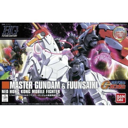 Official box art packaging for the HGFC 1/144 Master Gundam & Fuunsaiki model kit showing the dark mecha riding its white robotic horse into combat.