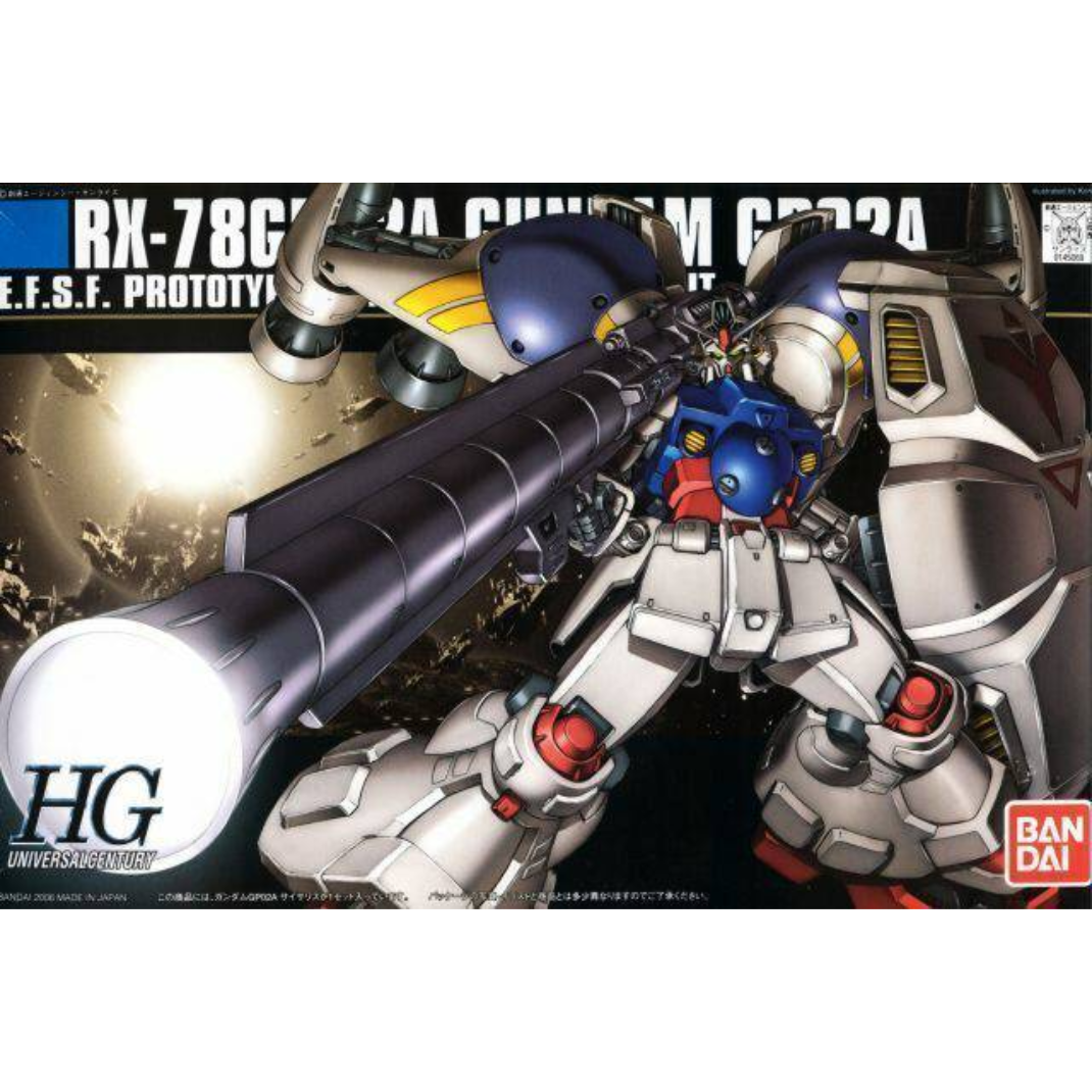 Official box art packaging for the HGUC 1/144 Gundam GP-02A model kit showing the massive mecha holding its atomic bazooka against a space colony backdrop.