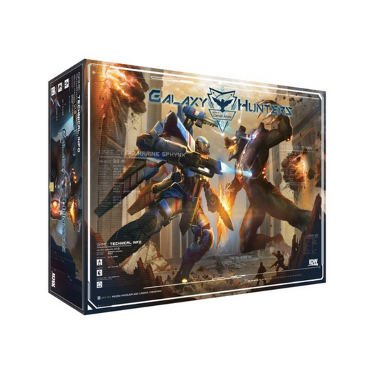 Galaxy Hunters Board Game box featuring mech combat, miniatures, and sci-fi worker placement strategy gameplay.