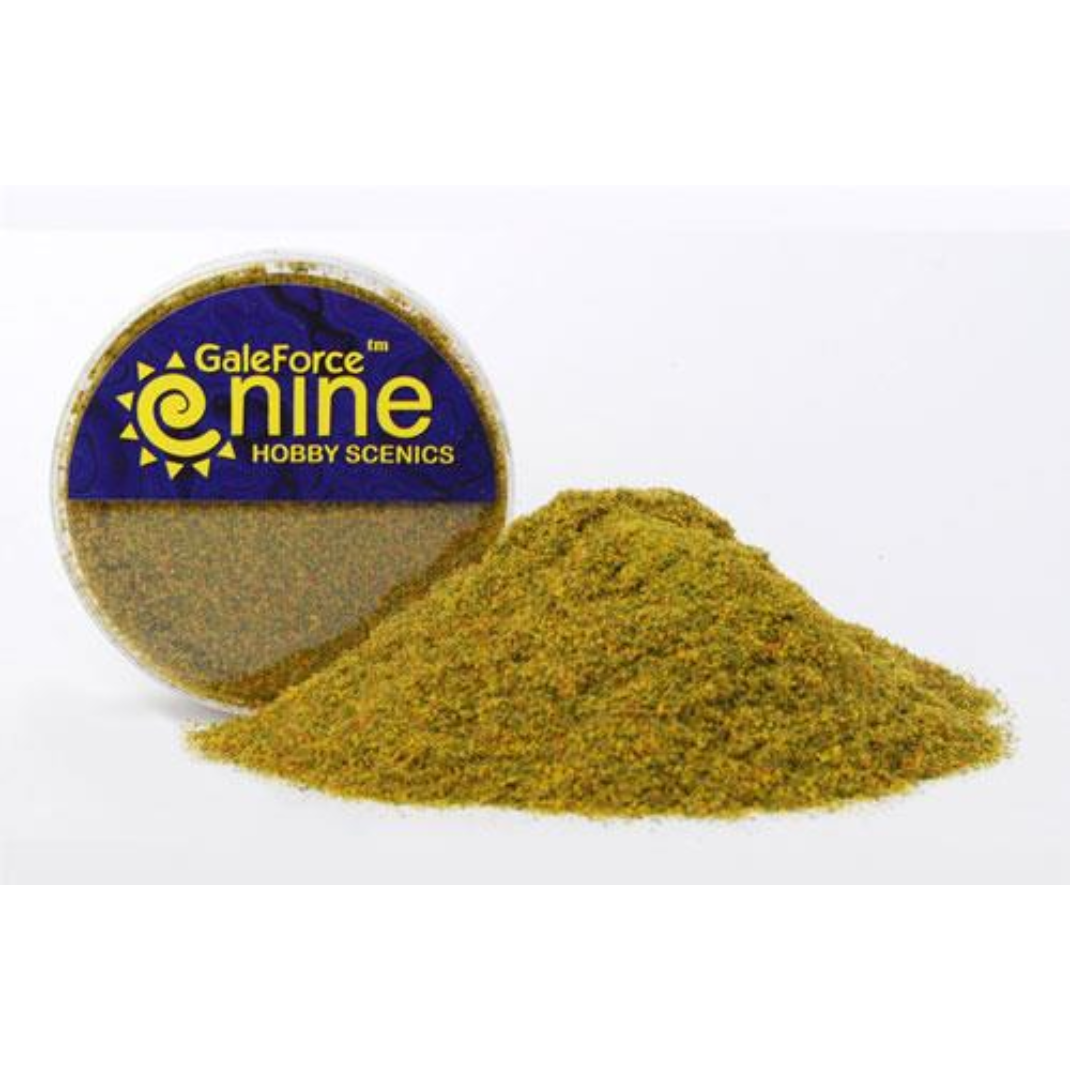 A container of Gale Force Nine Summer Flock Blend (GFS007) showing the multi-colored green, yellow, and red flock used for realistic miniature basing and blossoms.