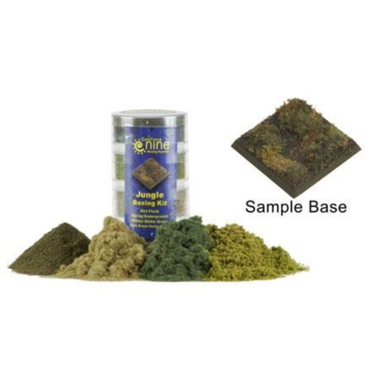 The Gale Force Nine Jungle Basing Kit box containing four clear Hobby Rounds of dirt foundation, spring undergrowth flock, and static grasses with a reference card.