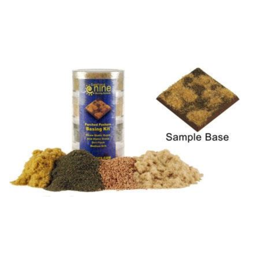 The Gale Force Nine Parched Pasture Basing Kit box containing four clear Hobby Rounds of dirt, grit, and arid static grass with an instruction card.