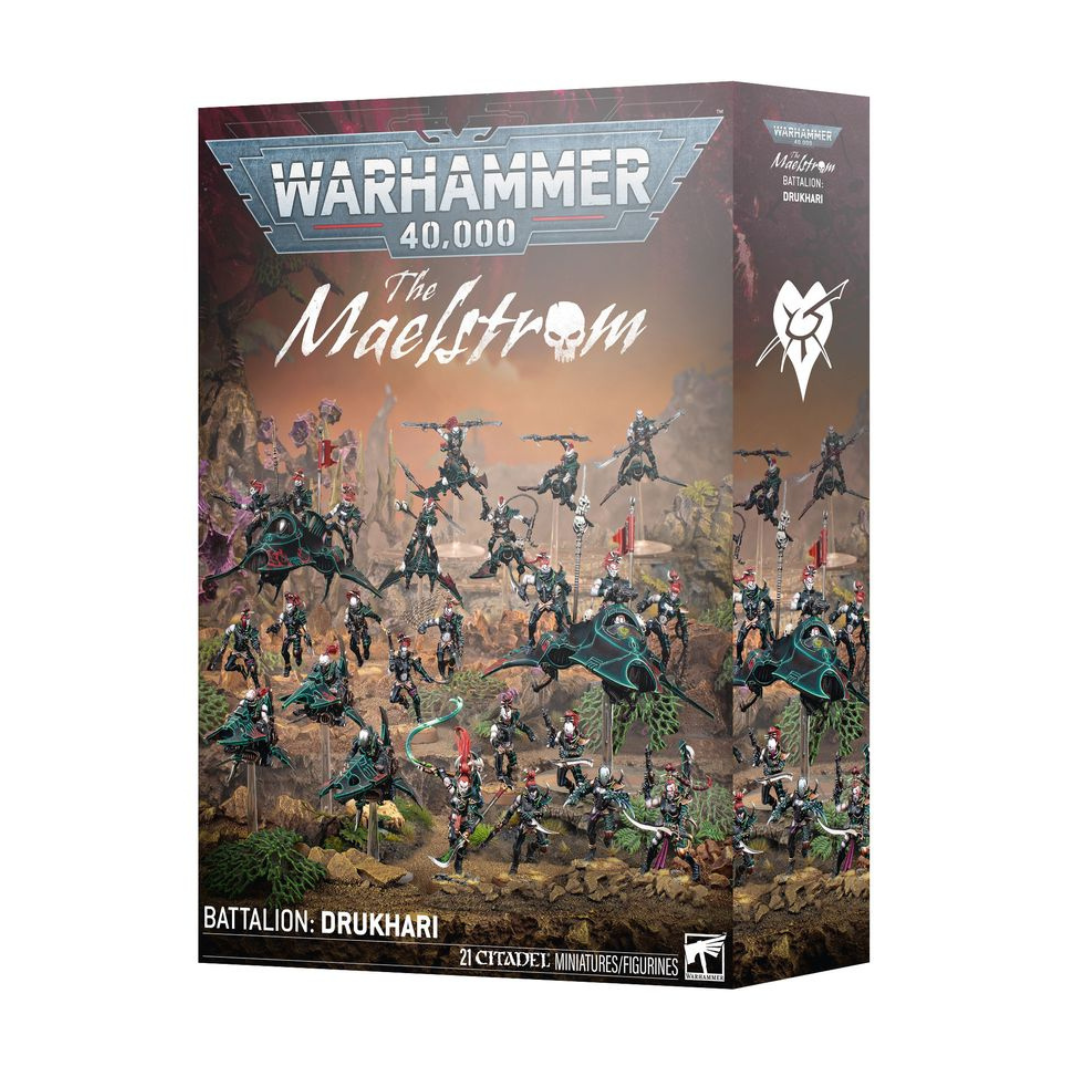 The Drukhari Maelstrom Battalion box set featuring a Succubus, Wyches, Hellions, and Reaver Jetbikes supported by two Venom transports on a dark urban battlefield.