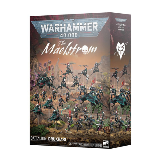The Drukhari Maelstrom Battalion box set featuring a Succubus, Wyches, Hellions, and Reaver Jetbikes supported by two Venom transports on a dark urban battlefield.