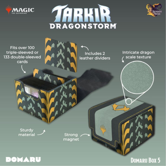 Gatherers Tavern Domaru Box Tarkir Dragonstorm Betor featuring a textured green/gold dragon scale pattern and magnetic lid.