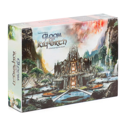 The Gloom of Kilforth board game box art, featuring a lone hero standing before the dark sprawl city as a gothic, dark light illuminates the sky.