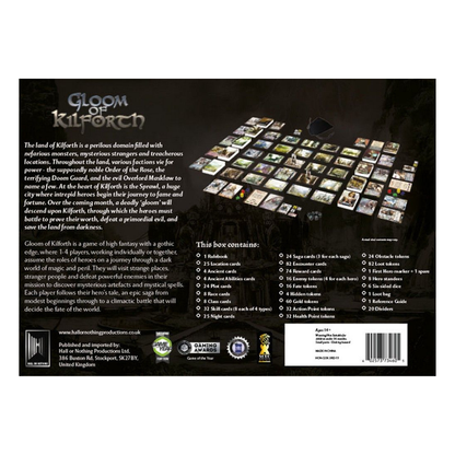 The Gloom of Kilforth board game box art, featuring a lone hero standing before the dark sprawl city as a gothic, dark light illuminates the sky.