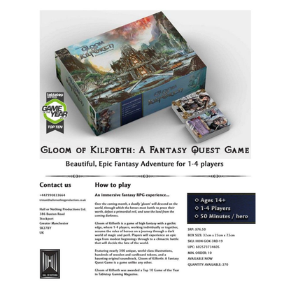 The Gloom of Kilforth board game box art, featuring a lone hero standing before the dark sprawl city as a gothic, dark light illuminates the sky.