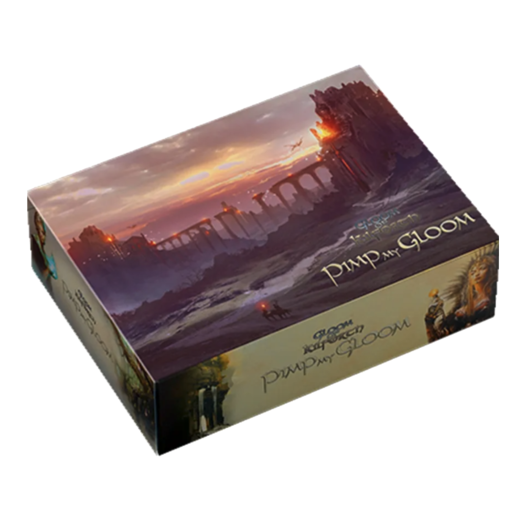 The Gloom of Kilforth: Pimp My Gloom expansion box showing a large velvet bag, twelve black and white dice, and oversized tarot cards with gothic fantasy art.