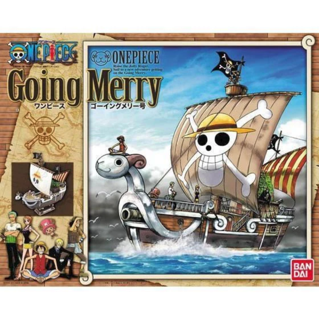 Official box art packaging for the Going Merry model kit showing the classic pirate ship sailing under a bright blue sky with its Straw Hat sail fully catching the wind.