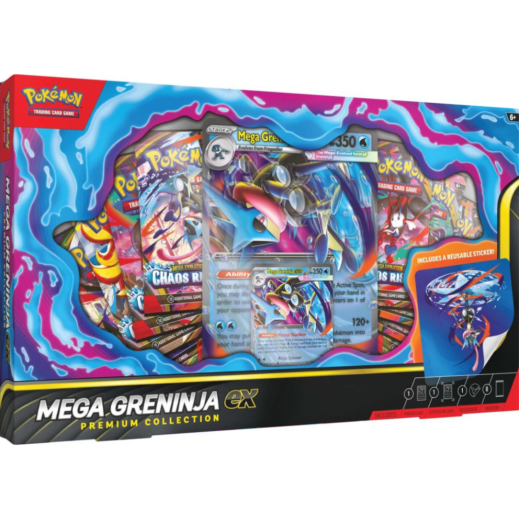 Pokemon TCG Mega Greninja ex Premium Collection box foil promo card lenticular oversize tech sticker 8 booster packs Chaos Rising