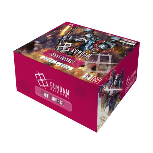 Gundam Card Game Booster Display Dual Impact GD02 featuring booster packs with Mobile Suits and collectible cards