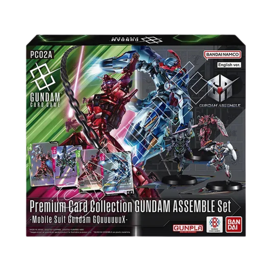 The Gundam Card Game: Gundam Assemble Premium Collection [PC02A] display box featuring GQuuuuuuX (Omega Psycommu) miniatures and holographic alt-art cards.