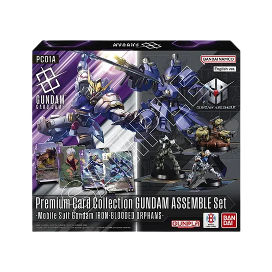 The Gundam Card Game: Gundam Assemble Premium Collection [PC01A] display box featuring Gundam Barbatos and miniatures of the Graze Custom and Mobile Worker.