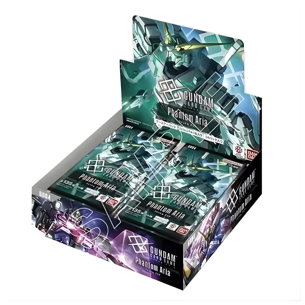 The Gundam Card Game Phantom Aria [GD04] Booster Display box featuring artwork from Mobile Suit Victory Gundam and Turn A Gundam.