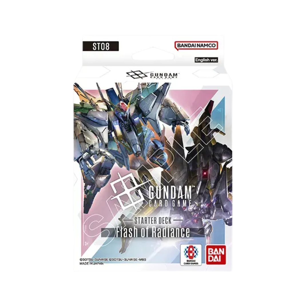 Gundam Card Game ST08 Flash of Radiance Starter Deck box featuring the Ξ (Xi) Gundam and Hathaway Noa, including a 50-card deck and bonus pack.