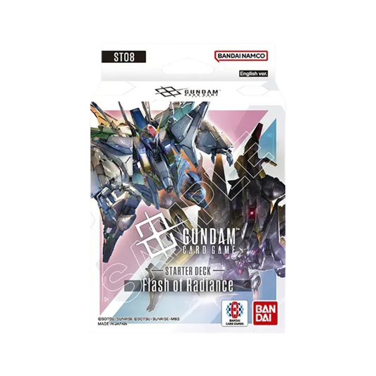 Gundam Card Game ST08 Flash of Radiance Starter Deck box featuring the Ξ (Xi) Gundam and Hathaway Noa, including a 50-card deck and bonus pack.
