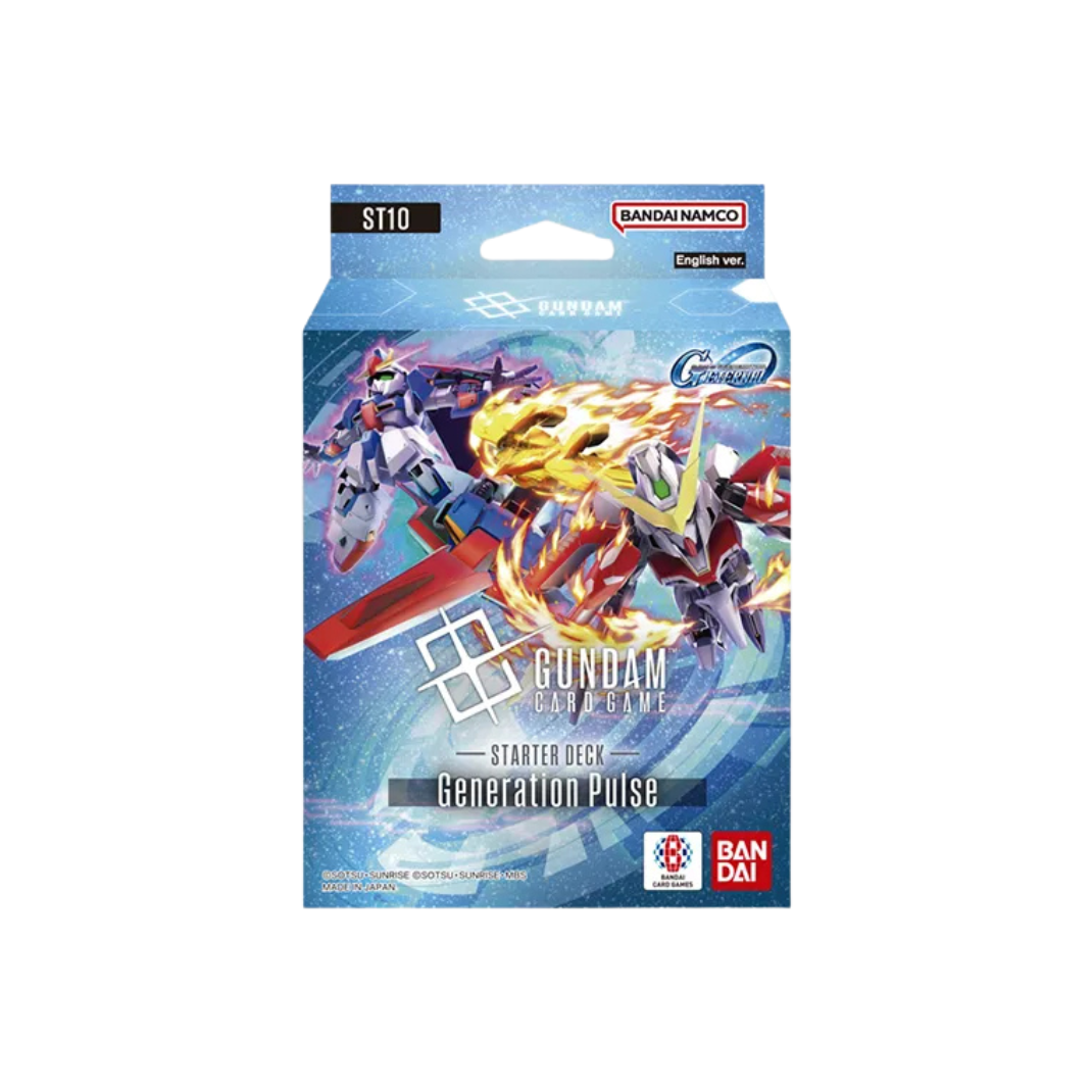 Front packaging of the Gundam Card Game: Starter Deck – Generation Pulse [ST10] box displaying its vibrant SD mecha artwork and collaboration branding logos.