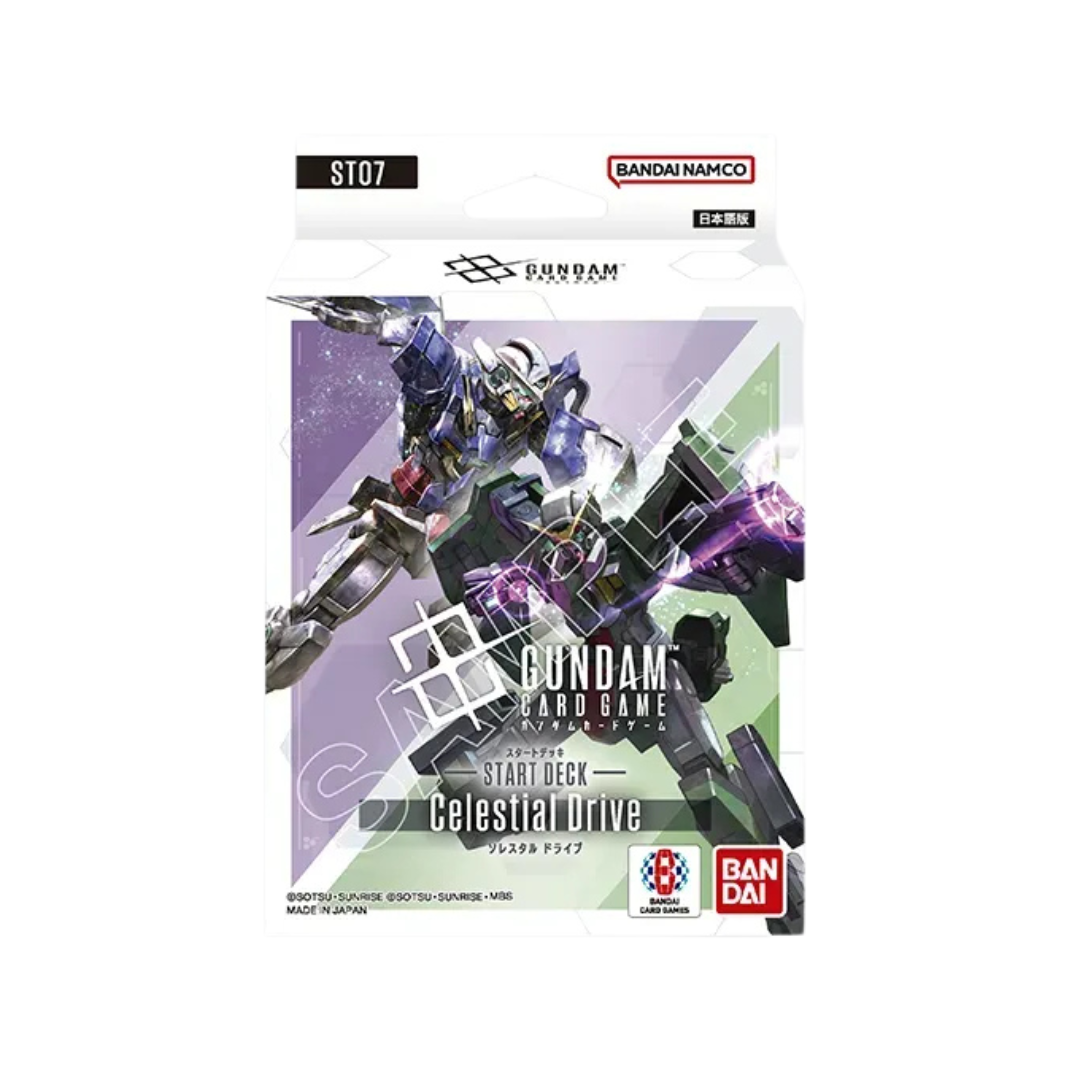 Gundam Card Game ST07 Celestial Drive Starter Deck box featuring Gundam Exia and Setsuna F. Seiei with included 50-card deck and bonus pack.