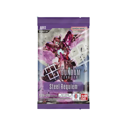 Official booster pack for the Gundam Card Game [GD03] Steel Requiem set, featuring 24 packs with artwork of iconic Mobile Suits and pilots.