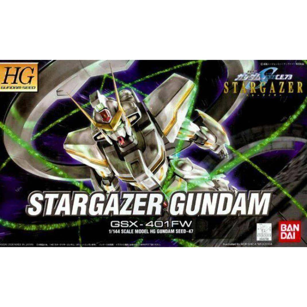 Front box art packaging for the HG 1/144 Stargazer Gundam model kit showing the mobile suit drifting through space with its propulsion ring active.