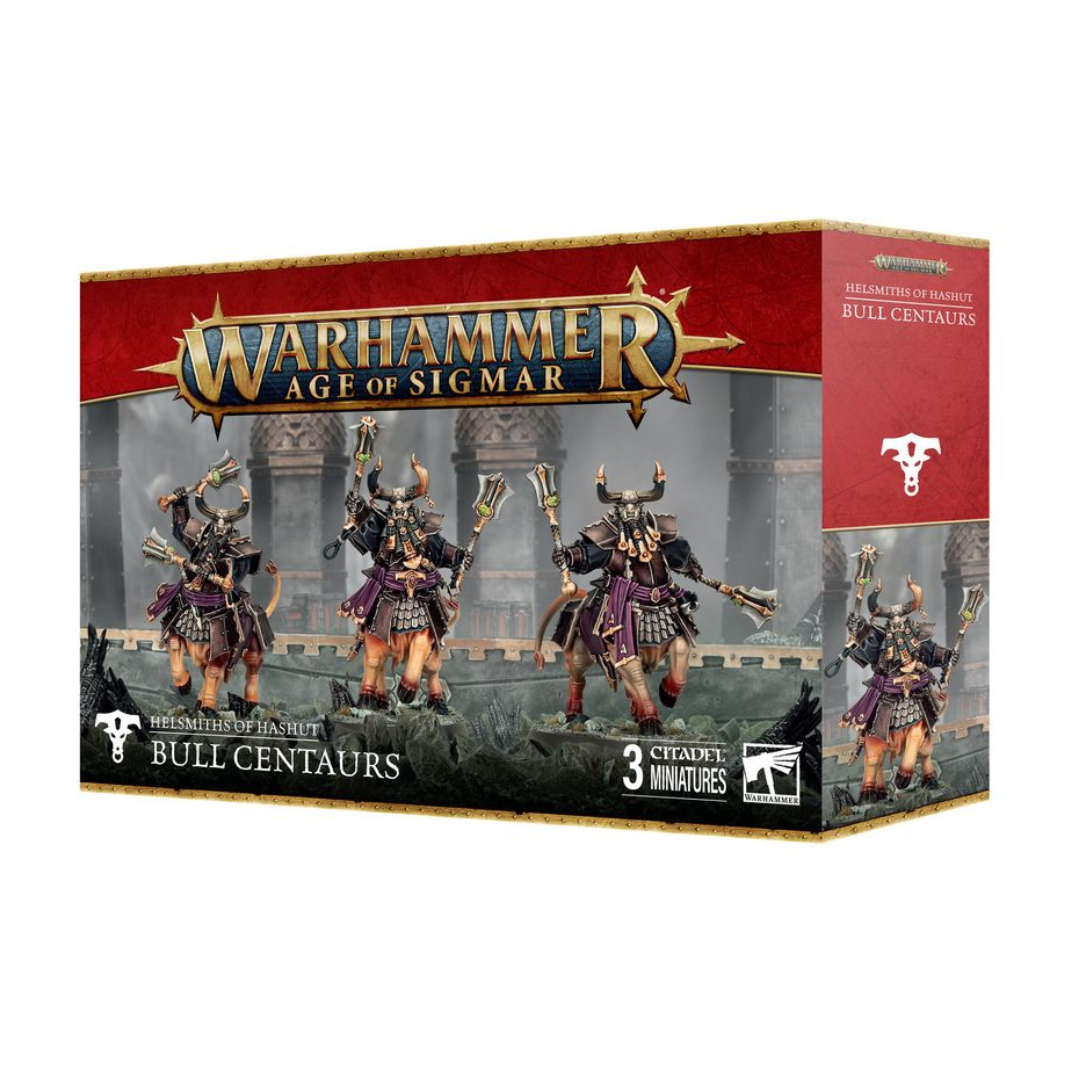 Helsmiths of Hashut Bull Centaurs / Anointed Sentinels miniatures kit – three elite mounted warriors with horns, heavy armor and optional configurations