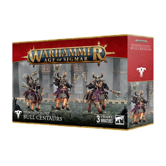 Helsmiths of Hashut Bull Centaurs / Anointed Sentinels miniatures kit – three elite mounted warriors with horns, heavy armor and optional configurations