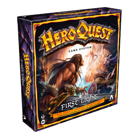 HeroQuest: First Light board game box with hero miniatures, dragon boss figure, and double-sided game board displayed