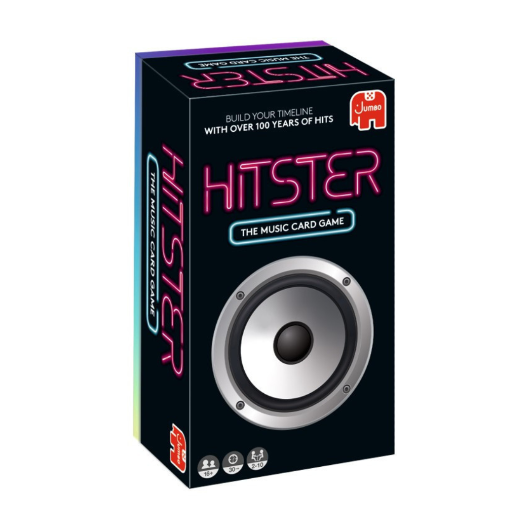 Box art for the Hitster music party game, featuring vibrant colorful typography and a DJ-inspired aesthetic with QR-coded music cards.