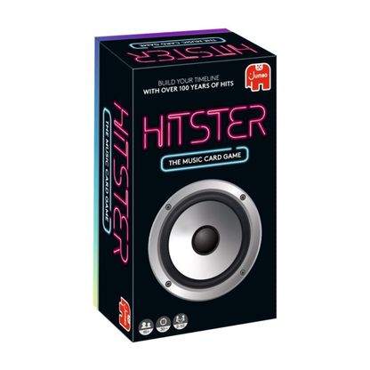 Box art for the Hitster music party game, featuring vibrant colorful typography and a DJ-inspired aesthetic with QR-coded music cards.