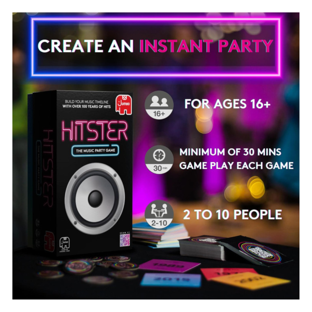Box art for the Hitster music party game, featuring vibrant colorful typography and a DJ-inspired aesthetic with QR-coded music cards.