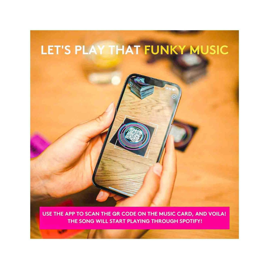 Box art for the Hitster music party game, featuring vibrant colorful typography and a DJ-inspired aesthetic with QR-coded music cards.