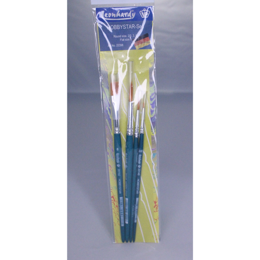 The HobbyStar 4pc Hobby Brush Set (VP22398) by VP Leonhardy featuring three round brushes and one flat brush for scale model painting.