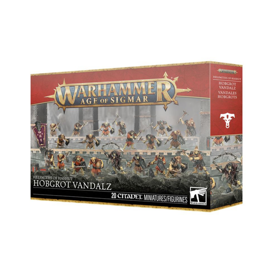 Multipart plastic kit building 20 Hobgrot Vandalz miniatures, depicted as a mob of Chaos-aligned greenskin infantry armed with simple, scavenged weapons for the Helmsmiths of Hashut army in Age of Sigmar.