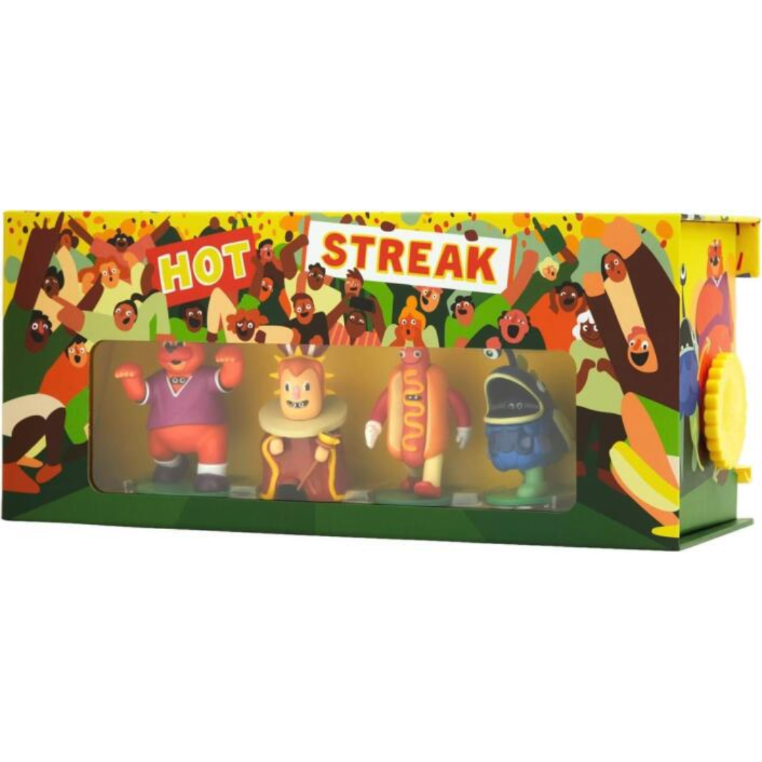 Hot Streak board game box featuring colorful mascot characters and CMYK branding.