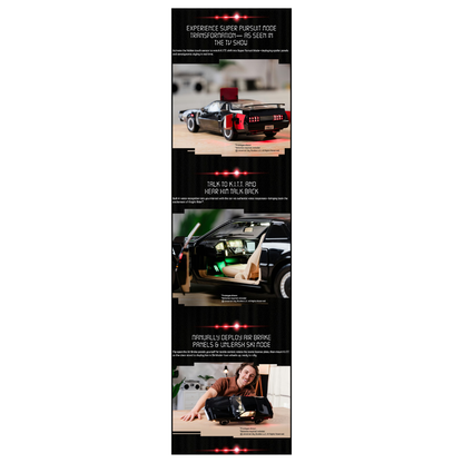 High-quality 1:10 scale replica model of the black Pontiac Trans Am K.I.T.T. from the television show Knight Rider, showing the illuminated red scanner light on the front grille.