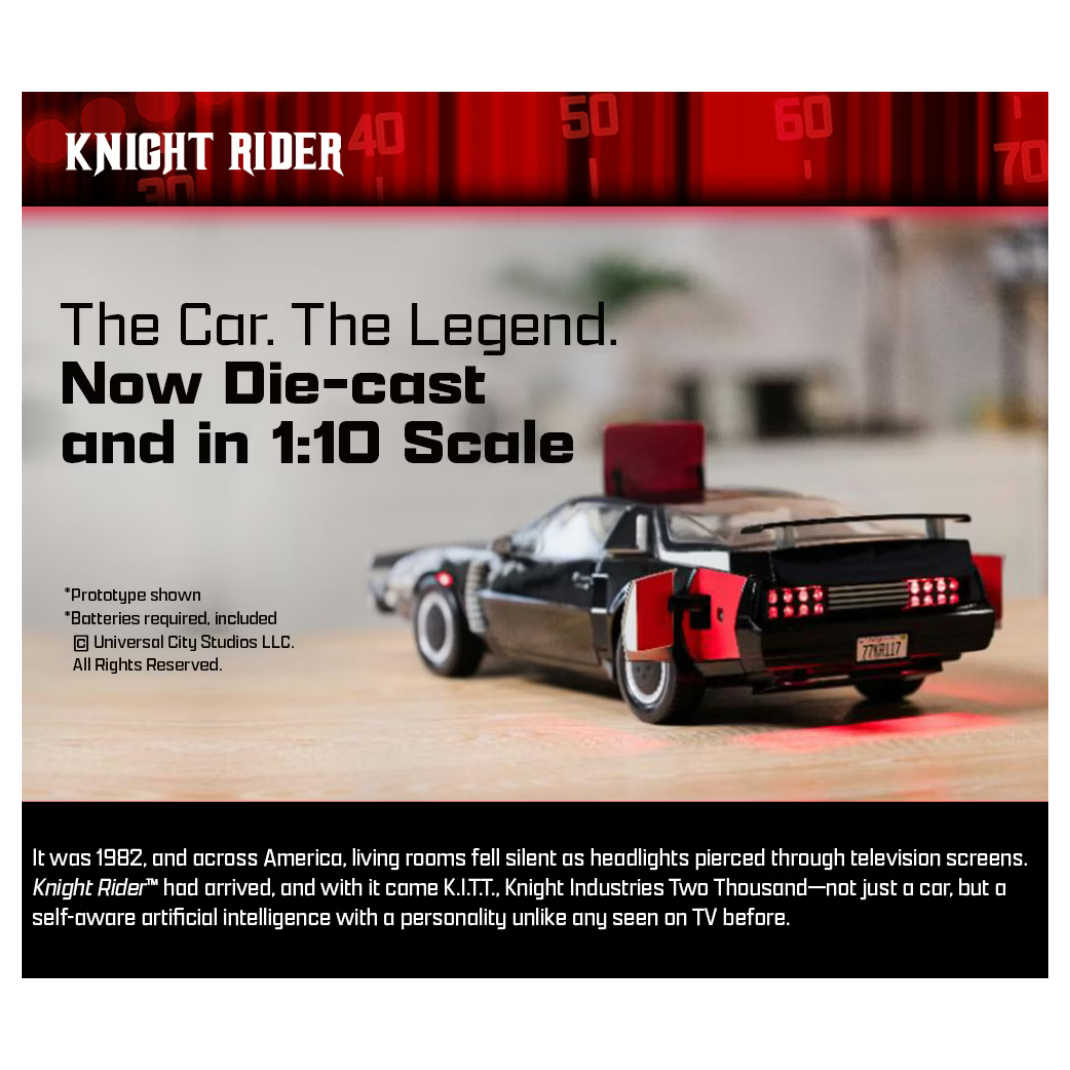 High-quality 1:10 scale replica model of the black Pontiac Trans Am K.I.T.T. from the television show Knight Rider, showing the illuminated red scanner light on the front grille.