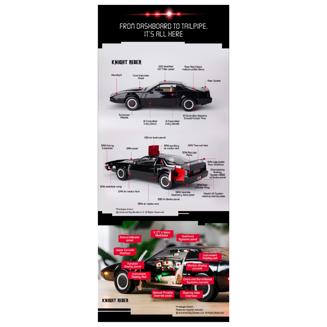 High-quality 1:10 scale replica model of the black Pontiac Trans Am K.I.T.T. from the television show Knight Rider, showing the illuminated red scanner light on the front grille.